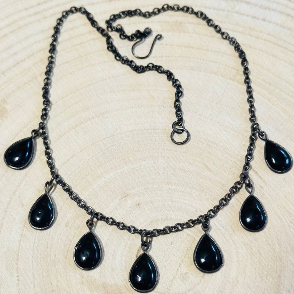 Necklace VTG Fringe Steel cabochon glass Black Victorian‎ Gothic Style regal 16"
